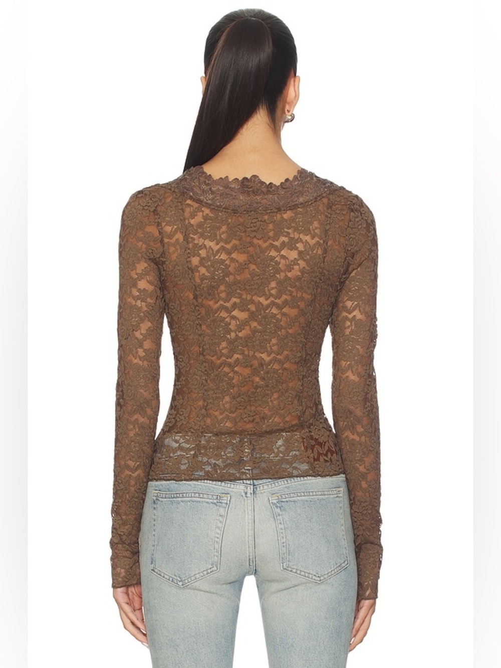 INTIMATELY FREE PEOPLE BROWN LACE ALL NIGHT LONG SLEEVE SHEER TEAK TOP SZ S - Picture 6 of 8